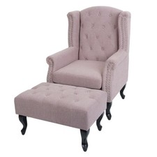 B-Ware Sessel Chesterfield Oxford, Ohrensessel, Stoff, hellrosa mit Ottomane