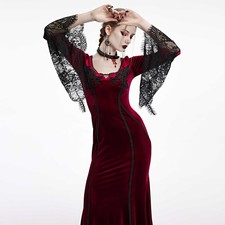 PUNK RAVE Gothic Kleid Lang Samt Rot Stretch Gracious Dress Mittelalter LARP
