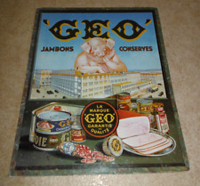 altes Pappschild Reklameschild Werbeschild GEO Jambons Conserves Fleisch Wurst