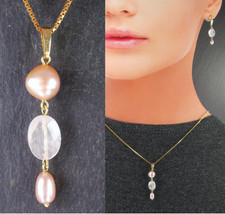 Großer Rosenquarz  Anhänger + rosa Flussperle Massiv 333 Gelbgold - 8 Karat  (15