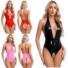 DE Damen Wetlook Lackleder Sexy Dessous Body Erotik Overalls Reizwäsche Clubwear