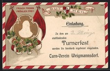 Lithographie Weigmannsdorf, Einladung zum Turnerfest, Portrait von Turnvater Ja 