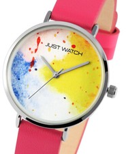 Damen Frauen poppig Bunt Pink Silber Gelb Lederarmband Quarz Armbanduhr JW10183