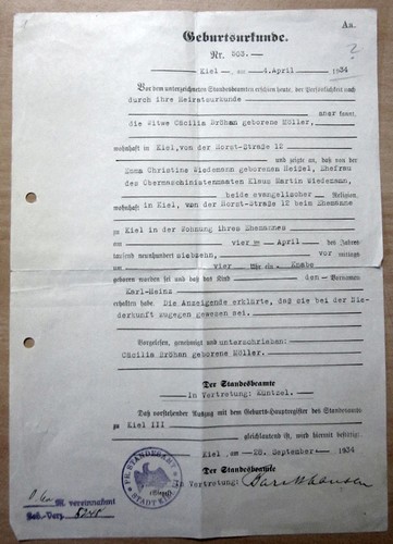 Geburtsurkunde vom 1934 - vom, 4.4.1934