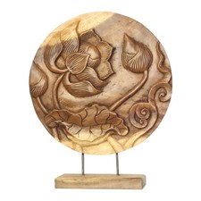 Skulptur Mandala Zeichen Figur Relief Deko Holz Schnitzerei auf Sockel 50 Ø