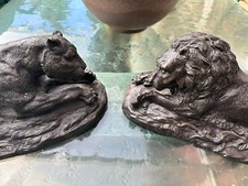 LÖWENPAAR 2x GROSSE SKULPTUR AUS BRONZE LÖWEN 41cm LANG