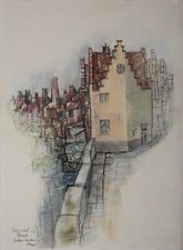 Zeichnung Pastell Stadt Pottenmakersstraat Brugge Hans Pluquet Signiert 1976