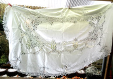 Landhaus-Tischdecke-Überwurf-Handarbeit-Stickerei-Spitze----Weiß--OVAL