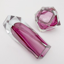 Set Murano Glas Schale Blockvase Facettenschliff 60er Jahre