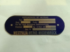 Typenschild AHK Anhängerkupplung Westfalia VW u.a Kupplungskugel Schild s106 blu