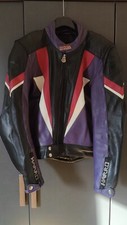 Vintage Harro Motorrad Lederjacke, Gr. 52, Schwarz - Weiß - Lila - Magenta 