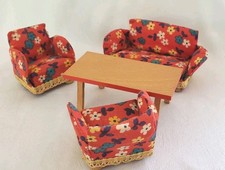 Lundby Sitzgruppe Sofa Sessel Tisch Wohnzimmer rot Puppenstube Puppenhaus  1:18