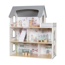 Großes Holz-Puppenhaus grau mit 14-tlg. Zubehör – Villa mit 3 Etagen