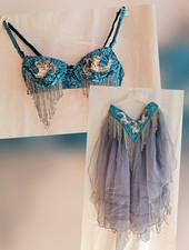 Bauchtanzkostüm mit Pailletten und Tüll, Farben türkis-taubenblau-silber, Gr. 38