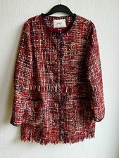 ♥️ Neu Malvin Boucle Blazer Mantel Jacke Rot Knöpfe Ohne Brosche Fransen 42 L