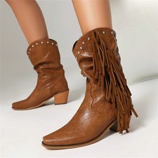 Damen Westernschuhe Stiefelette Weitschaft Zum Überziehen mit Fransen und Nieten