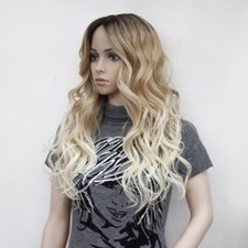 Perücke Langhaarperücke Braun Blond Ombre Wig Lace Zweithaar Gewellt Echthaar