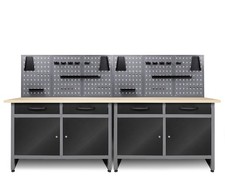 Ondis24 Werkstatt Set 240cm 2x Werkbank Metall 6x Lochwand Montagewerkbank