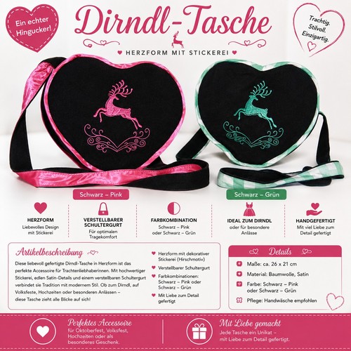 Dirndl tasche herz - tasche, pink