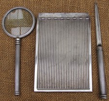 alte SCHREIBTISCHGARNITUR silbern LUPE BRIEFÖFFNER NOTIZBLOCK