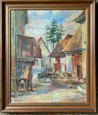 ::GERT WALTER °ÖLGEMÄLDE LEITERWAGEN ANTIK DORF STRASSE GASSE LANDWIRTSCHAFT ÖL