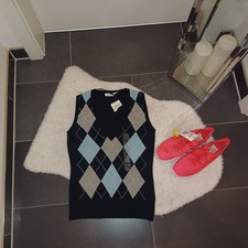 Neu Pullunder S 36 38 Rauten-Muster dunkelblau strickweste TopZustand