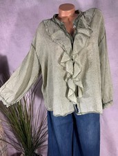 Damen Bluse Rüschen 100% Baumwolle Ballonärmel One Size 40-46 Washed Out salbei
