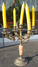 Kerzenständer; 5-armig, Messing / Naturstein