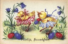 Ak Glückwunsch Ostern, Tanzende Küken, Ostereier, Blumen - 4415430