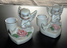 2 Engel Figuren mit Rose und Taube, Deko Weihnachten Kerzenhalter Porzellan