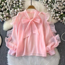 Damen Netz Schleife Bluse Tops Rüschen Shirts durchsichtig Chiffon Mädchen Lolita Mode
