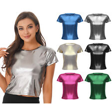 Damen Glitzer Shirt Metallic Oberteil Glitzer T-Shirt Tops Faschingskostüm Shirt