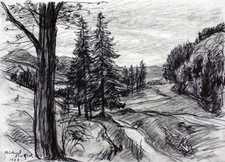 Voralpenlandschaft im Isarwinkel 1926 Kohlezeichnung Richard Pietzsch 1872-1960