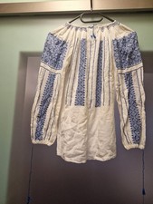 Gr. S Folklore Bluse Handarbeit Kreuzstich langarm weiß blau bestickt