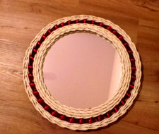 70er  Jahre Spiegel Rund weiß Rattan Korbgeflecht aus Kunststoff Vintage