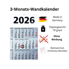 2026 Wandkalender werbefrei 3 Monate pro Blatt mit Datumsschieber & Feiertagen