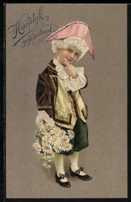 Präge-AK Junge in Barock-Kleidung mit Margeriten, Hartelijk gefeliciteerd 