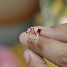 Natürliche Rubin und Pave Diamant Massiv 14K Gelb Vergoldet Creolen a797