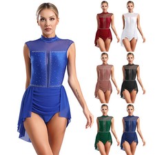 DE Damen Tanzbekleidung Drape Trikot Kostüm Kleid Ärmellos Body Strass One Piece