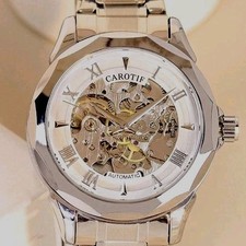 Elegante Automatik Skelettuhr von CAROTIF 40mm Weiß Silber Glasboden