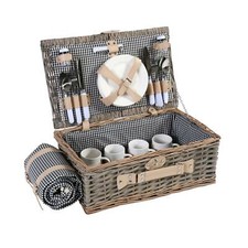 Picknickkorb-Set HWC-B24 für 4 Personen, Weiden-Korb, Porzellan, schwarz-weiß