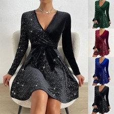 Weihnachtskleid Damen Sexy Samt Partykleid Abendkleid V-Neck A-Linie Minikleid