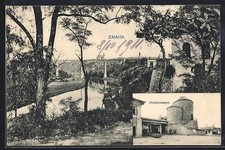 AK Znaim a.d. Thaya, Stadttotale mit der Brücke über den Fluss, der Heidentempe 