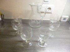 Vintage 6 Wein Gläser + Karaffe Jagdmotive geschliffen Reh Wildschwein Auerhahn