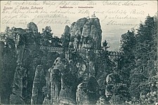 Ansichtskarte Sachsen Bastei Sächsische Schweiz Basteibrücke Steinschleuder um 1