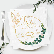 Servietten Kommunion 60 Stück Gold Taube Fisch Grün Eukalyptus 3-lagig Tischdeko