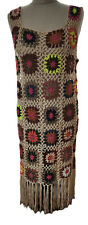 Häkel Kleid im RETRO STIL der 70er Jahre Blumig Fransen Handarbeit BEIGE BUNT
