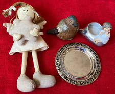 4tlg Deko-Set SCHUTZENGEL Musiker Engel Teelicht Halter SILBER Teller SPATZ