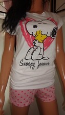 Peanuts Sommer Snoopy Nachtwäsche Snoopy-Pyjama 2Teiler Weiß-Rosa  Gr S