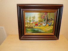 Ölbild Hühner vor Stall Gockel Landleben sign. 31x26 cm